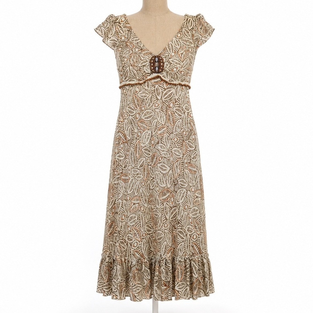 Vintage Y2K 100% Silk Babydoll Dress Size 10 Leaf Print Brown Beaded Boho Indie